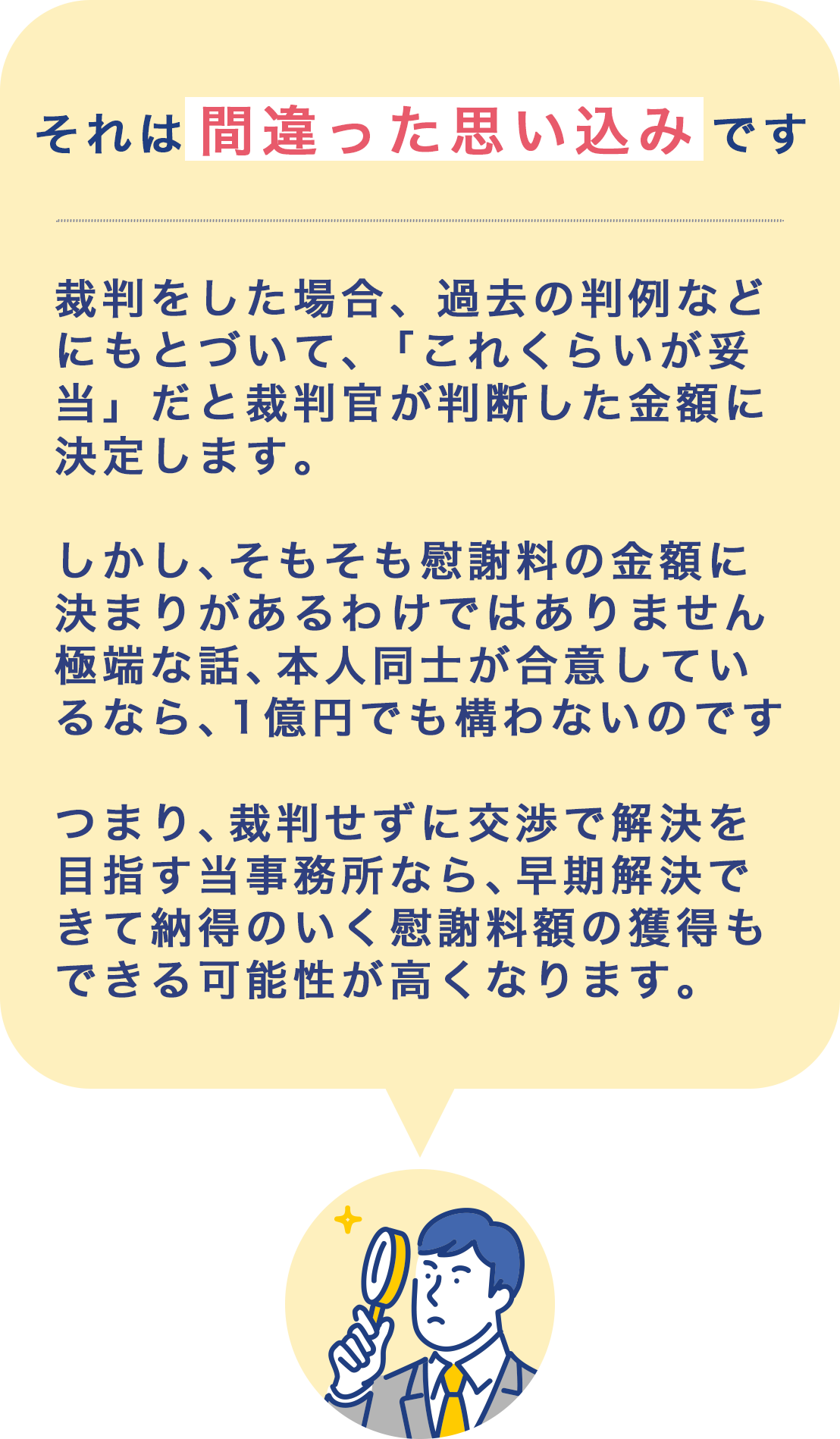 それは間違った思い込みです。

                    裁判をした場合、過去の判例などにもとづいて、
                    「これくらいが妥当」だと裁判官が判断した金額に決定します。
                    
                    しかし、そもそも慰謝料の金額に決まりがあるわけではありません。
                    極端な話、本人同士が合意しているなら、
                    １億円でも構わないのです。
                    
                    つまり、裁判せずに交渉で解決を目指す当事務所なら、
                    早期解決できて
                    納得のいく慰謝料額の獲得もできる
                    可能性が高くなります。