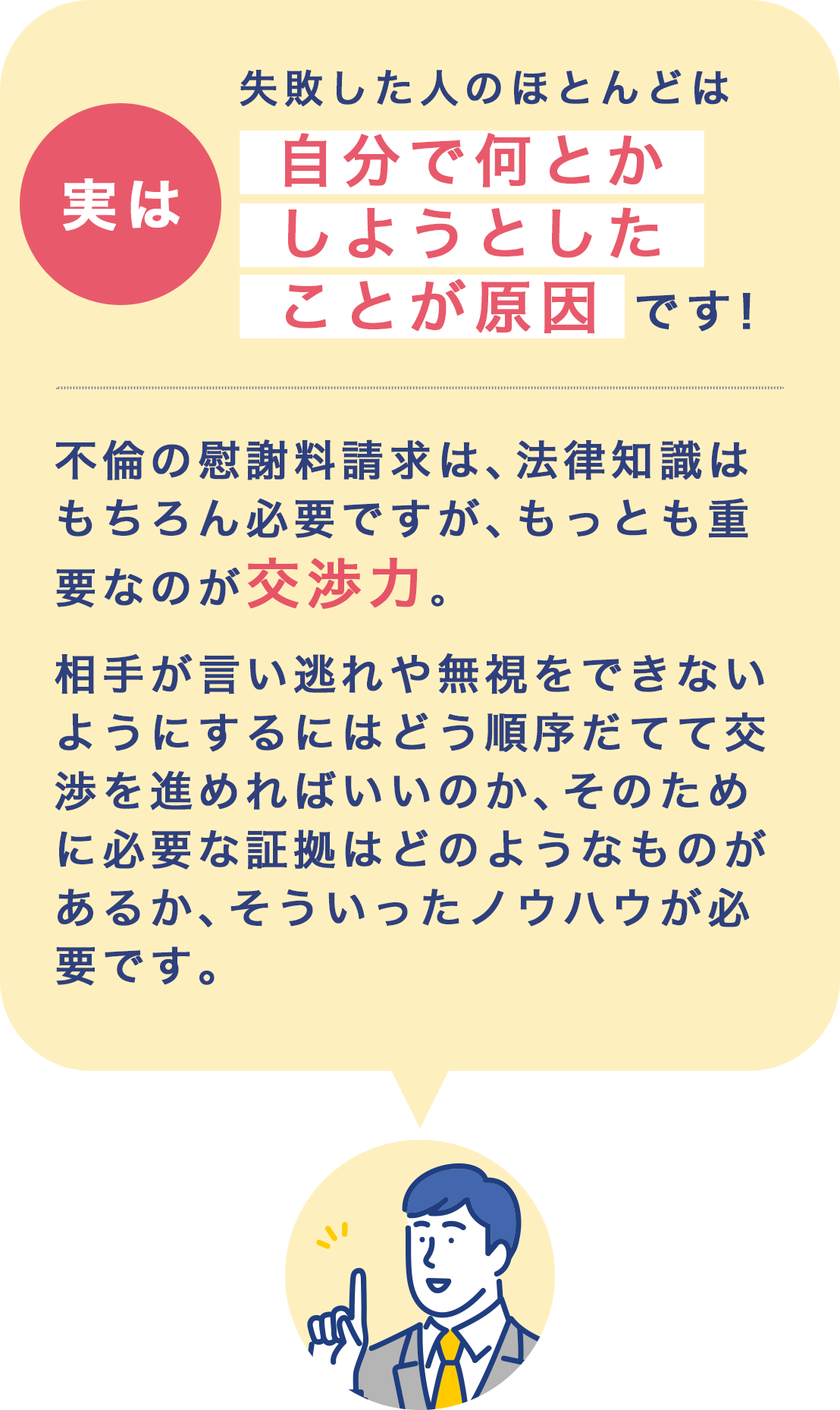 実は、失敗した人のほとんどは自分で何とかしようとしたことが原因です！不倫の慰謝料請求は、法律知識はもちろん必要ですが、もっとも重要なのが交渉力。
                    相手が言い逃れや無視をできないようにするにはどう順序だてて交渉を進めればいいのか、そのために必要な証拠はどのようなものがあるか、そういったノウハウが必要です。